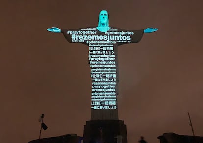 Mensagens em diferentes idiomas projetadas no Cristo Redentor no último dia 18.