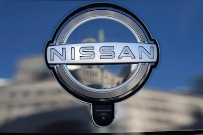 A Nissan logo is seen on a car at its showroom in Tokyo, Feb. 21, 2023.