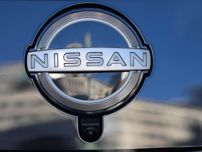 A Nissan logo is seen on a car at its showroom in Tokyo, Feb. 21, 2023.