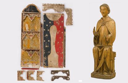 Els fragments del retaule de Santa Maria i l'escultura del MNAC.