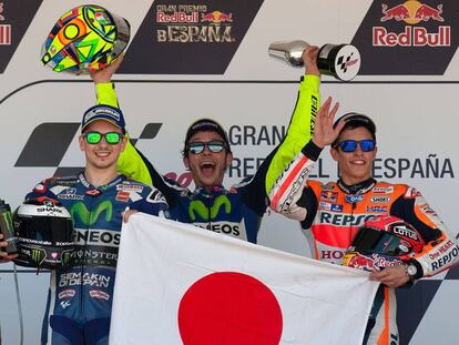 Lorenzo, Rossi y Márquez en el podio de Jerez.