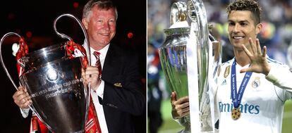 Ferguson, con la Champions de 2008 del Manchester. Cristiano celebra la 13ª del Madrid, su quinta Champions. Getty