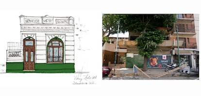 La casa de Paulina Badaraco de Capdevila en el barrio porteño de Colegiales, dibujada por @ilustroparanoolvidar. A la derecha, la construcción que hoy ocupa esa parcela.