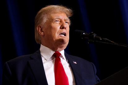 Former president and Republican presidential candidate Donald Trump speaks during a 2024 presidential campaign rally in Dubuque, Iowa, on September 20, 2023.