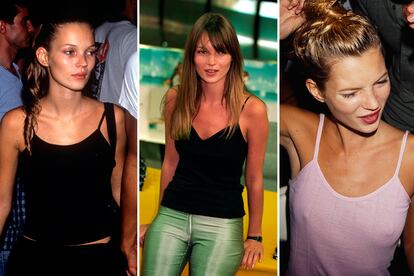 Kate Moss es a los noventa como Kate Moss y la camiseta de tirante fino. Y siempre sin sujetador.