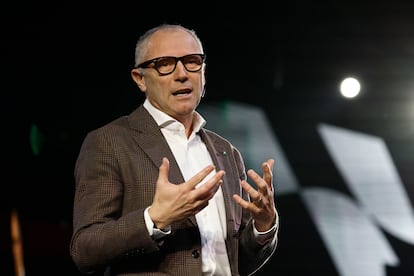 CEO of Formula One Group Stefano Domenicali speaks during a press conference at the IFEMA congress centre in Madrid, Spain, Jan. 23, 2024.