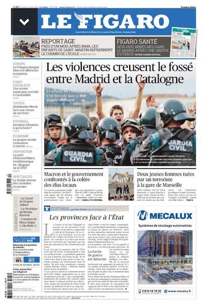 El diario francés 'Le Figaro' ilustra también su primera con un cara a cara de jóvenes independentistas y agentes de la Guardia Civil. El periódico titula: "La violencia profundiza el foso entre Madrid y Cataluña". "El escrutinio sobre la independencia", continúa 'Le Figaro', "se desarrolla con una gran confusión".