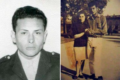 Luis Ceccón en un retrato con su uniforme de policía y en otra fotografía, tomando de la mano a su esposa en un parque.