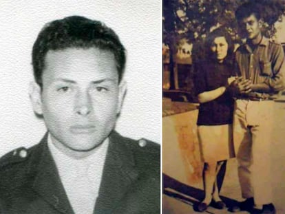 Luis Ceccón en un retrato con su uniforme de policía y en otra fotografía, tomando de la mano a su esposa en un parque.