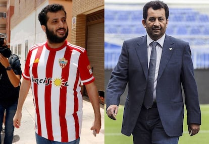 Al Sheik, con la camiseta del Almería tras comprar el club el viernes. A la derecha, Al Thani en La Rosaleda.