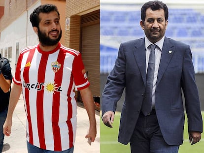 Al Sheik, con la camiseta del Almería tras comprar el club el viernes. A la derecha, Al Thani en La Rosaleda.