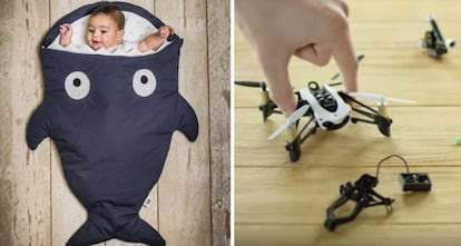 A la izquierda, un saco de dormir de invierno para bebés con forma de tiburón y, a la derecha, un mini dron Parrot Mambo Mission.