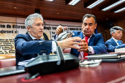 El ministro del Interior, Fernando Grande-Marlaska Gómez, durante la comparecencia, este jueves.