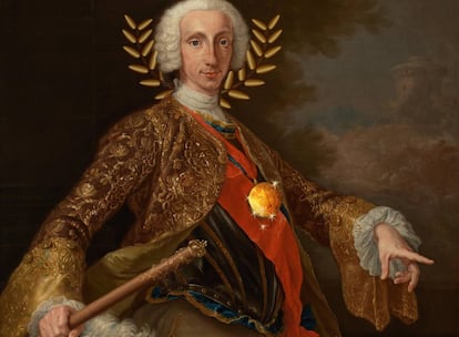 Montaje sobre el retrato de Carlos de Borbón que Giuseppe Bonito le hizo en 1745. El cuadro original se encuentra en el Museo del Prado de Madrid.