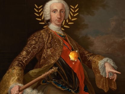 Montaje sobre el retrato de Carlos de Borbón que Giuseppe Bonito le hizo en 1745. El cuadro original se encuentra en el Museo del Prado de Madrid.