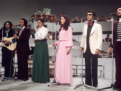 The Spanish band Mocedades singing 'Eres tú' at the 1973 Eurovision song competition.