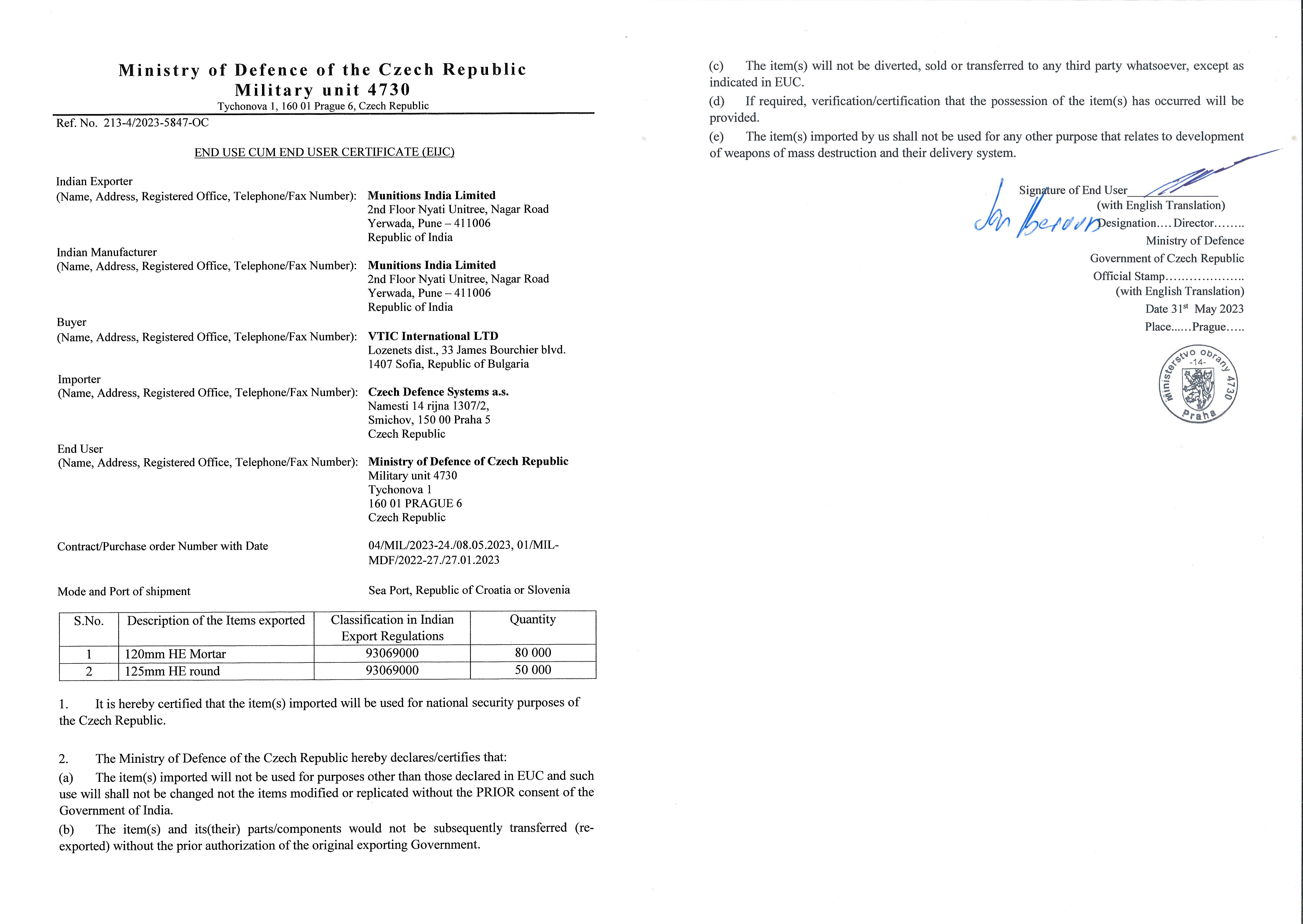 Certificado emitido por la República Checa en el que se apoya el Gobierno español para sostener que ese país es el destino final de la carga del buque Borkum.