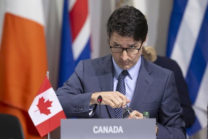El primer ministro de Canadá, Justin Trudeau, durante la sesión plenaria de la Cumbre por la Paz en Ucrania celebrada este domingo en Suiza.