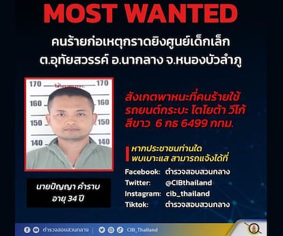 El expolicía Panya Khamrab, supuesto autor de la masacre en la escuela, en una foto de la oficina central de investigación de Tailandia.