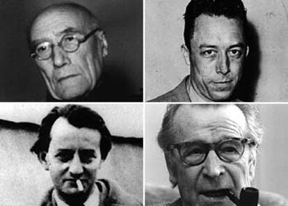 De izquierda a derecha, André Gide, Albert Camus,  André Malraux y Georges Simenon.