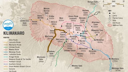 En marrón, la ruta que seguirán las cinco mujeres para coronar el Uhuru Peak (5.895 metros).