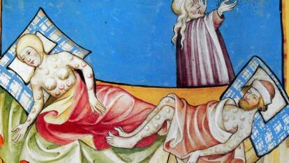 La peste fue retratada en ilustraciones de la Biblia Toggenburg (1411).