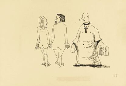 Dibujo sin nombre, del músico británico John Lennon, a tinta de un cura observando a una pareja desnuda.