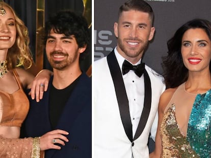 A la izquierda, Sophie Turner y Joe Jones; a la derecha, Sergio Ramos y Pilar Rubio.