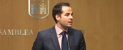 El portavoz de Cs, Ignacio Aguado, en la Asamblea de Madrid.