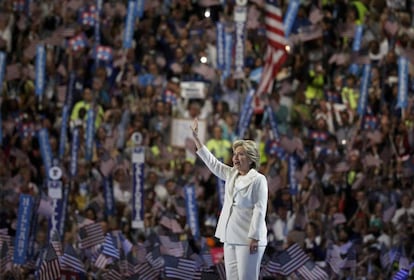 The Democratic candidate receives a standing ovation from delegates in Philadelphia.