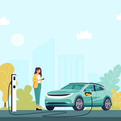 Electric vehicle charging illustration concept shows a woman waiting the EV car charging in the EV charging station with good atmosphere of nature that around with the building in the city.