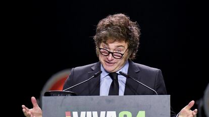 The president of Argentina, Javier Milei, at the 'Europa Viva 24' event in Madrid on Sunday.