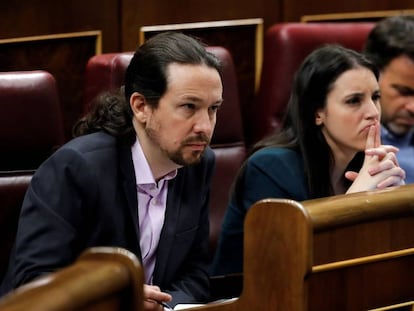 Los líderes de Unidas Podemos, Pablo Iglesias e Irene Montero, en el Congreso, el pasado enero.