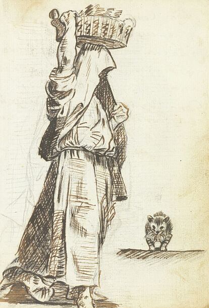 'Academia, figura velada, de perfil, con cesto sobre la cabeza. Gato', de Francisco de Goya. Cuaderno italiano, p. 7. Hacia 1771