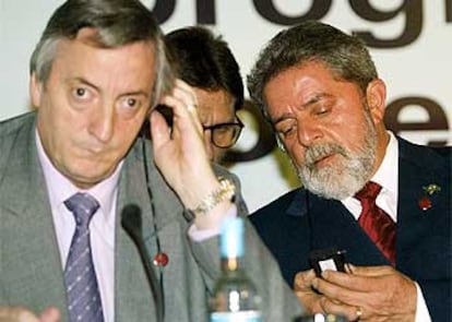 Néstor Kirchner y Lula da Silva, durante una reciente convención internacional.