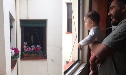 En la imagen de la izquierda, unos vecinos haciendo un teatro con muñecos para León (imagen de la derecha), un niño de siete meses que está pasando la cuarentena en su casa de Madrid,