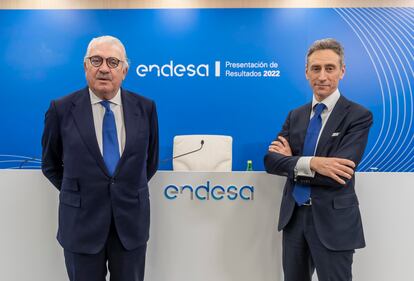 José Bogas, consejero delegado de Endesa, y Marco Palermo, director financiero, hoy en la presentación de resultados.