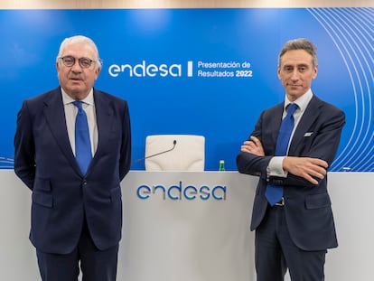 José Bogas, consejero delegado de Endesa, y Marco Palermo, director financiero, hoy en la presentación de resultados.