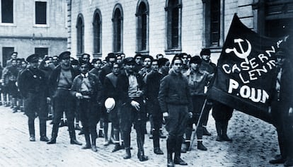 The writer George Orwell (background left) with the International Brigades, circa 1936