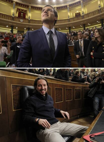 El 3 de diciembre se celebró una jornada de puertas abiertas en el Congreso de los Diputados con motivo del Día de la Constitución, que se conmemora el 6 de diciembre. Albert Rivera (imagen superior) y Pablo Iglesias estuvieron en el Hemiciclo. El líder de Ciudadanos paseó por los pasillos y el de Podemos tomó asiento en el escaño que ocuparon los presidentes socialistas Felipe González y Rodríguez Zapatero. | <a href="http://politica.elpais.com/politica/2015/12/03/actualidad/1449137936_423500.html" target=”blank”>IR A LA NOTICIA </a>