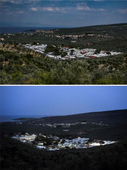 En la imagen superior, el campamento para migrantes de Moria en Mytilene, en la isla de Lesbos (Grecia), el 5 de agosto de 2018. En la imagen superior el mismo campamento el 5 de abril de 2016. 