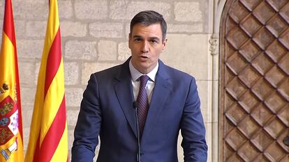 Pedro Sánchez, durante la rueda de prensa tras la reunión con Pere Aragonès.