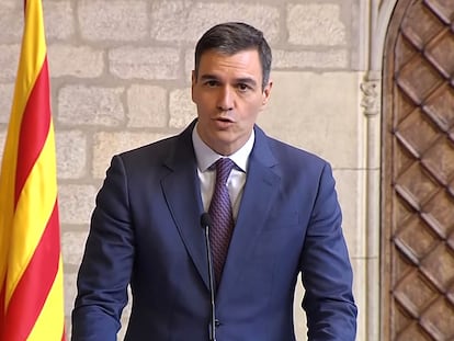 Pedro Sánchez, durante la rueda de prensa tras la reunión con Pere Aragonès.