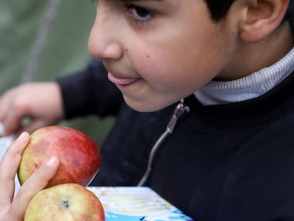 Un niño migrante lleva comida en un centro de transporte y logística cerca de la frontera entre Bielorrusia y Polonia, en la región de Grodno.