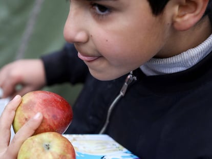 Un niño migrante lleva comida en un centro de transporte y logística cerca de la frontera entre Bielorrusia y Polonia, en la región de Grodno.
 
 