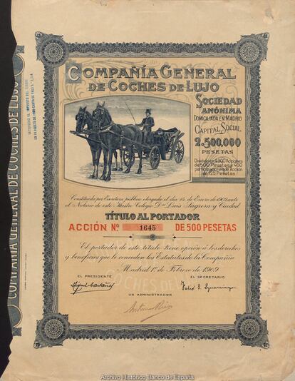 El Banco de España tiene un archivo histórico que comenzó con la entidad, en 1782. Son 27 kilómetros de documentos, no solo del banco, sino también de otras entidades, como esta acción mercantil de 1909 de la Compañía general de coches de lujo.