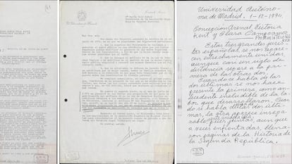 Documentos del archivo de María Telo. Una carta de Aldolfo Suárez pìdiéndole el voto, otra del subsecretario de Hacienda que da respuesta a sus preguntas y el manuscrito de una conferencia sobre Victoria Kent, Clara Campoamor y Concepción Arenal.