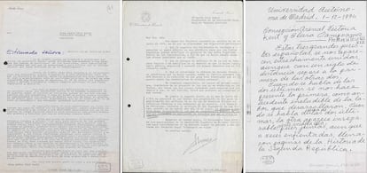 Documentos del archivo de María Telo. Una carta de Aldolfo Suárez pìdiéndole el voto, otra del subsecretario de Hacienda que da respuesta a sus preguntas y el manuscrito de una conferencia sobre Victoria Kent, Clara Campoamor y Concepción Arenal.