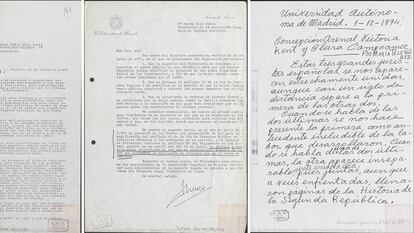 Documentos del archivo de María Telo. Una carta de Aldolfo Suárez pìdiéndole el voto, otra del subsecretario de Hacienda que da respuesta a sus preguntas y el manuscrito de una conferencia sobre Victoria Kent, Clara Campoamor y Concepción Arenal.