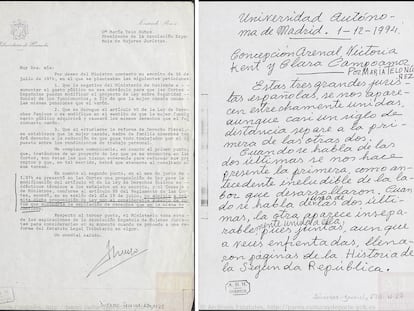 Documentos del archivo de María Telo. Una carta de Aldolfo Suárez pìdiéndole el voto, otra del subsecretario de Hacienda que da respuesta a sus preguntas y el manuscrito de una conferencia sobre Victoria Kent, Clara Campoamor y Concepción Arenal.